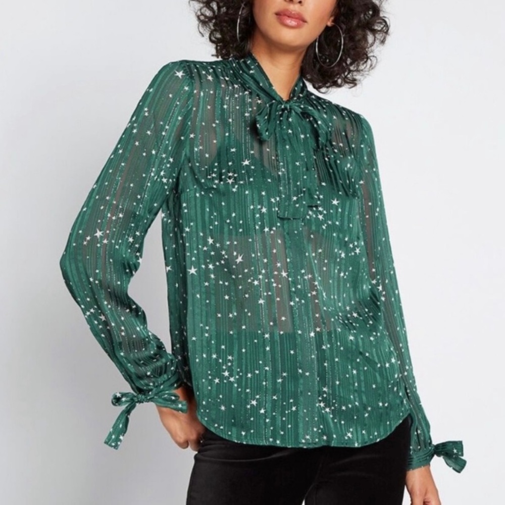 ModCloth Green & White Celestial Star Metallic Striped Button Down Blouse